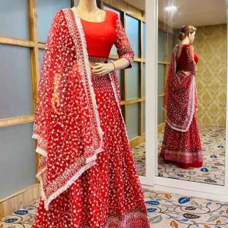 Red crop top Lehenga for all occasions – parties, engagements, birthdays, mehndi, and more. Versatile and attractive. Code: WLH00291. Contact: 7707014061.
