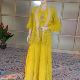 Bright yellow Gown for all occasions – parties, engagements, birthdays, mehndi, and more. Versatile and attractive. Code: WGN00341. Contact: 7707014061.