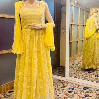 Yellow embroidery Gown for all occasions – parties, engagements, birthdays, mehndi, and more. Versatile and attractive. Code: WGN00291. Contact: 7707014061.