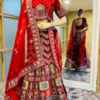 Dark red bridal Lehenga for all occasions – parties, engagements, birthdays, mehndi, and more. Versatile and attractive. Code: WLH00011. Contact:7707014061.