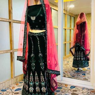 Dark Green Lehenga for all occasions – parties , engagements , birthdays , mehndi , and more. Versatile and attractive. Code: WLH00381. Contact: 7707014061.