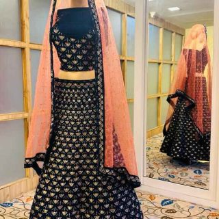 Navy Blue Lehenga for all occasions – parties , engagements , birthdays , mehndi, and more. Versatile and attractive. Code : WLH00301. Contact : 7707014061.