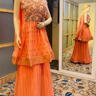 Orange Kurti Lehenga for all occasions – parties, engagements, birthdays, mehndi, and more. Versatile and attractive. Code: WCT00181. Contact: 7707014061.