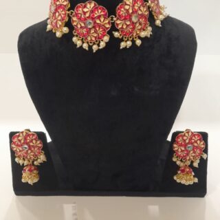 Magenta pearl chokar set party wear set for engagements, mehndi, and haldi ceremonies. Use code WJS00011 to get yours. Contact via WhatsApp at 7707014061.