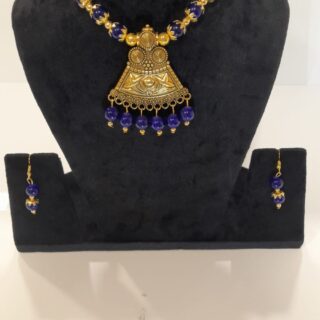Navy Blue Bead Necklace set party wear set for engagements, mehndi, and haldi ceremonies. Use code WNS00051 to get yours. Contact via WhatsApp at 7707014061.