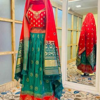 Red / Green Lehenga for all occasions – parties, engagements , birthdays , mehndi , and more. Versatile and attractive. Code: WLH00311. Contact: 7707014061.